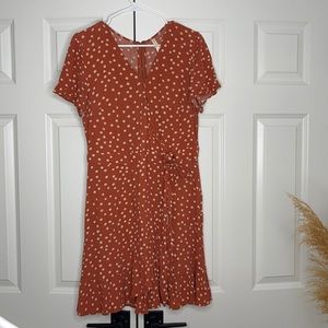 Faux wrap polka dot dress orange and cream